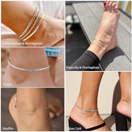 DEARMAY Dainty Silver Ankle Bracelets for Women Waterproof, S925 Sterling Silver Anklets Jewelry Layered Cuban Chain Herringbone Cute Anklets Set Pack Summer Beach Gift for Women Teen4