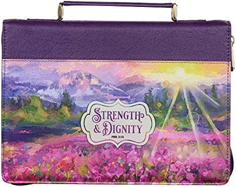 Christian Art Gifts Fashion Bible Cover Strength and Dignity Scenic Floral Proverbs 31:25 Faux Leather, Purple, Large image 4