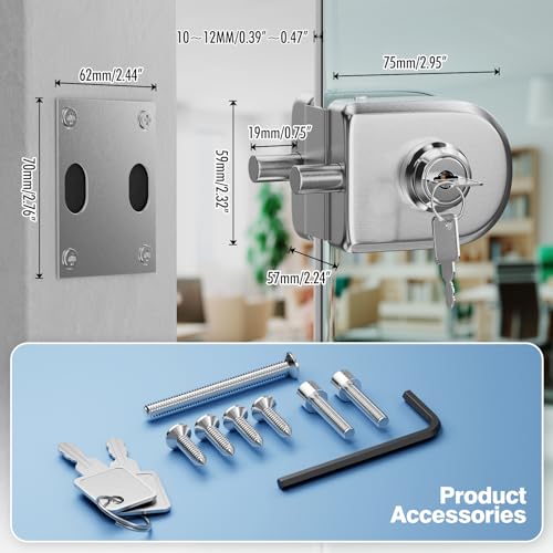 Ranbo Frameless Double-Sided Glass Door Lock,Clamp-On No-Drill,304 Stainless Steel,for 3/8"–1/2" (10–12 mm) Swing Door, for Office, Entrance, Storefront, 2 Keys, Brushed Nickel by Ranbo - Image 2