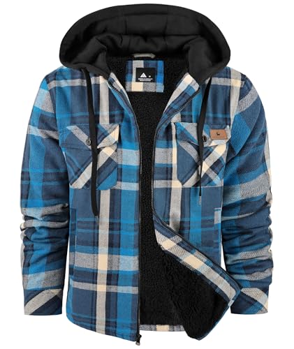Image of V VALANCH Men's Flannel Shirt Jacket with Hood Fleece Lined Plaid Jacket Zip Up Winter Warm Coat