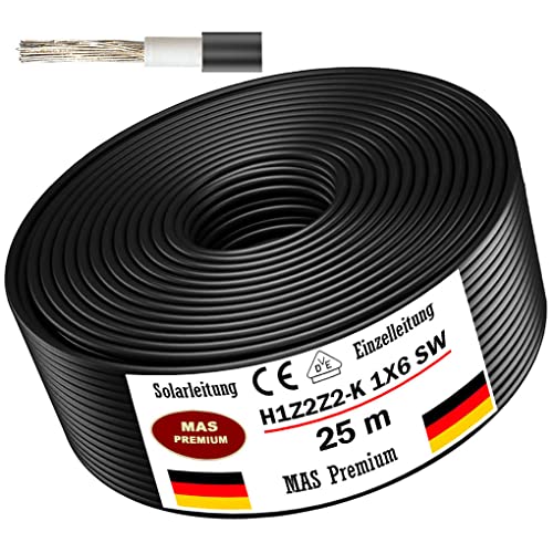 Solarleitung H1Z2Z2-K 4 6 oder 10 mm Von 5 bis 200m Solarkabel Schwarz Rot oder Blau Erdverlegbare Einzelleitung Photovoltaik Halogenfrei Doppelt isoliert (H1Z2Z2-K 6 Schwarz 25m)