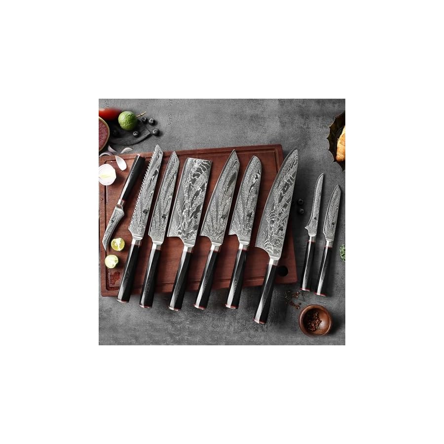 9-Pcs-Quality-Damascus-Steel-Kitchen-Knives-Set-High-Carbon-Super-Sharp-Chef-Knife-Set-Premium-Stainless-Steel-Knife-Set-Ergonomic-Design-Black-Minimalist-Design-Handle-Dishwasher-Safe 9 Pcs Quality Damascus Steel Kitchen Knives Set High Carbon Super Sharp Chef Knife Set Premium Stainless Steel Knife Set Ergonomic Design Black Minimalist Design Handle Dishwasher Safe