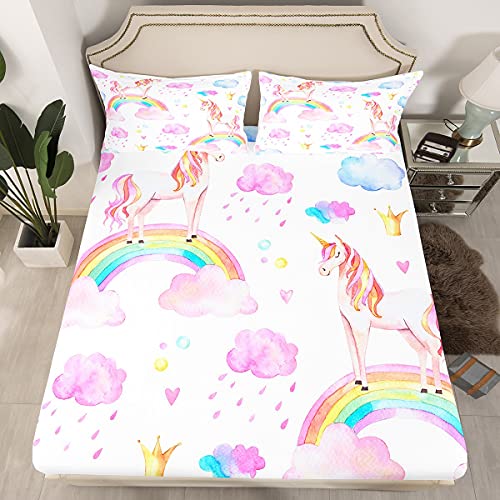 Loussiesd Rainbow Unicorn Sheet Set Double Kids Girls Bed Set Cartoon Horse Print Pattern Bed Sheets Set Sweet Beautiful Sheets With 2 Pillow Case Deep Pocket Fitted Sheet - Image 2