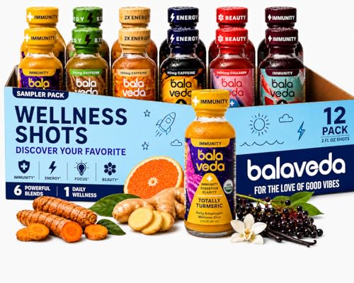Image of balaveda Organic Energy and Wellness Shots Variety Pack, 2oz Glass Bottles | USDA Organic Adaptogen Shots, Energy, Beauty & Immunity Wellness Shot Varieties, 2oz Glass Bottles