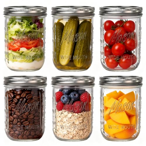 WELLIFE 6-Pack Mason Jars 16 oz with Lids Wide Mouth Glass mason jars Airtight Leak-Proof canning jars 16 oz for Food Storage Fermenting Pickling Freezing and Crafts