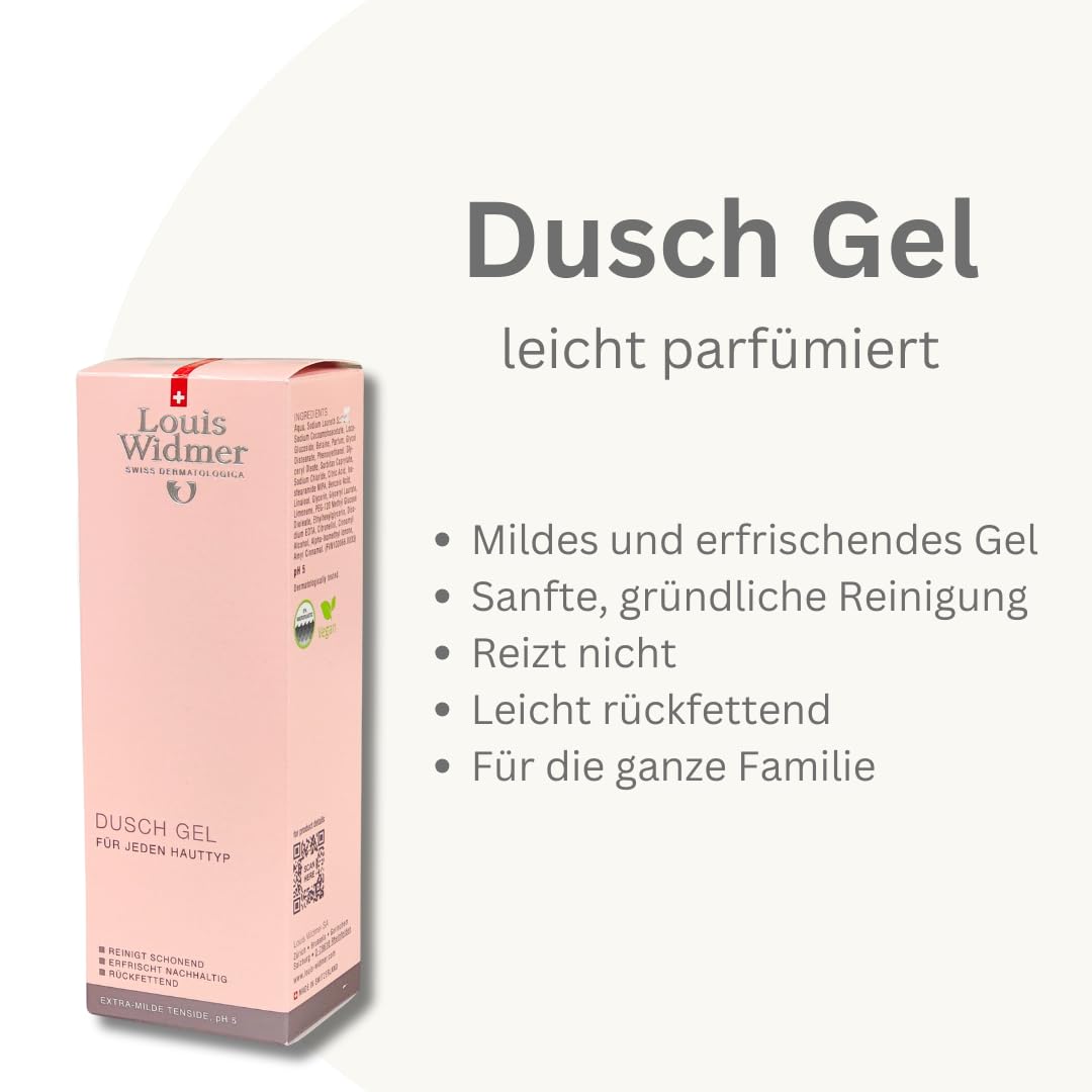 Louis Widmer Duschgel, 3x 200 ml I leicht parfümiert I Milde und sanfte Reinigung I empfindliche Haut I Feuchtigkeit I pH-hautfreundliche Pflegedusche I Spar-Set plus Pharma Perle give-away
