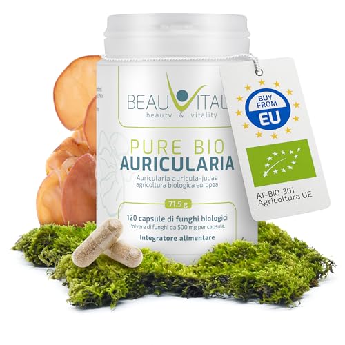 Capsule Pure Bio Auricularia 120 pezzi ciascuna, 500 mg di polvere di orecchio di Giuda da agricoltura biologica UE, vegana, senza additivi artificiali