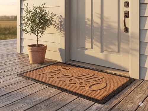 Image of Heavy Duty Front Door Mat 2x3 Feet, Outdoor Indoor Welcome Mat, Non Slip Dirt Trapper Entrance Rug for Entryway, Patio & Porch,Washable Low Profile Hello Mat (Coffee Hello 2 x 3 Feet)