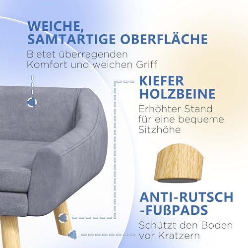 PawHut Hundesofa Katzensofa mit Rückenlehne, Hundecouch mit Holzbeine, Haustiersofa mit Kissen, Hundebett für mittelgroße und große Hunde, Samt, Grau, 102 x 58,5 x 42,5 cm