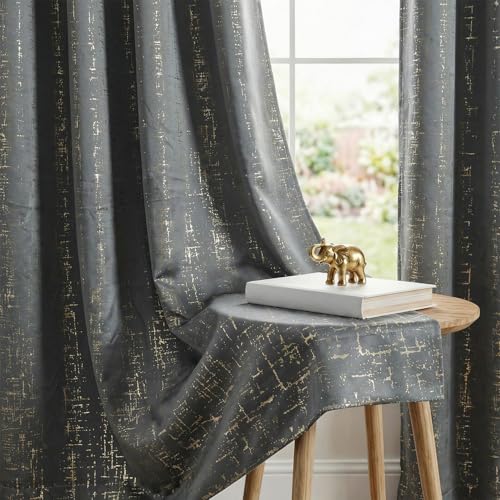 Image of Urban Space 80-85% True Blackout Curtains for Door, Gold Foil Printed Blackout Curtains, Decorative Door Curtain Eyelet with Tieback, 1 Piece Curtain for Living Room(Sparkle Dark Grey, 7 Feet)