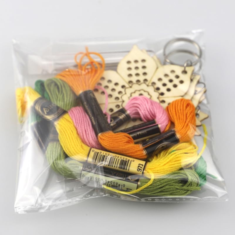 Image of TEHAUX Sunflower Cross Stitch Kit Wooden Keychain DIY Embroidery Needlepoint Set with Cotton Thread for Christmas Decoration and Craft