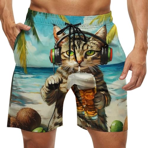 Beer Cat Mens Swim Trunks Quick Dry Board Shorts Beach Swimwear Bathing Suits