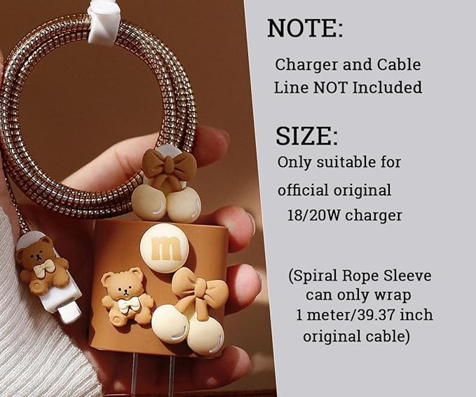 Image of Rycore Cute Cartoon Protective Case for iPhone 18W - 20W USB-C Adapter Charger Cable, Unique Design Funny 3D Cartoon Charger Cover Cable Protector for iPhone Fast Charger (Brown)