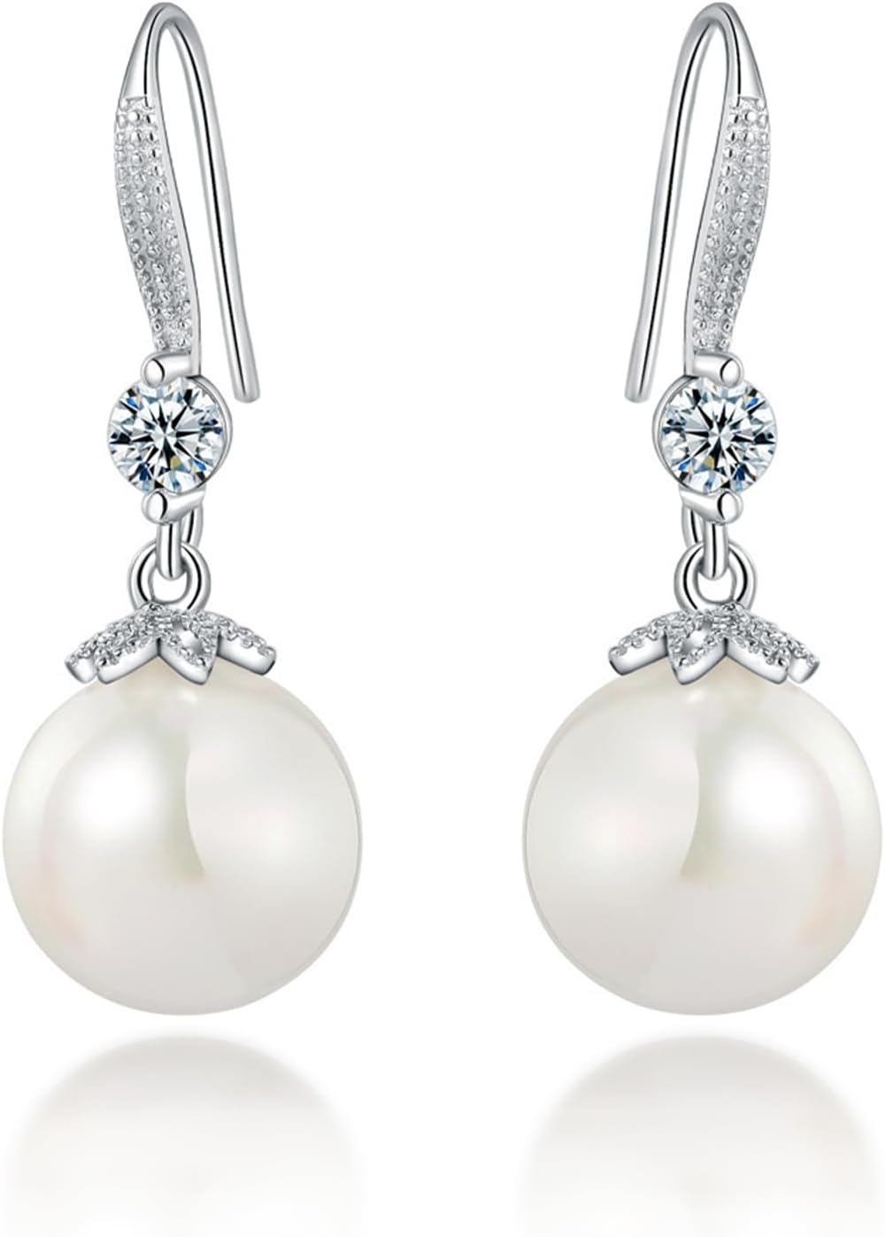 Sterling Silver Pearl Dangle Earrings for Women - Silver Huggie Drop Earrings with Zircon - Hypoallergenic Mothers Day Gift