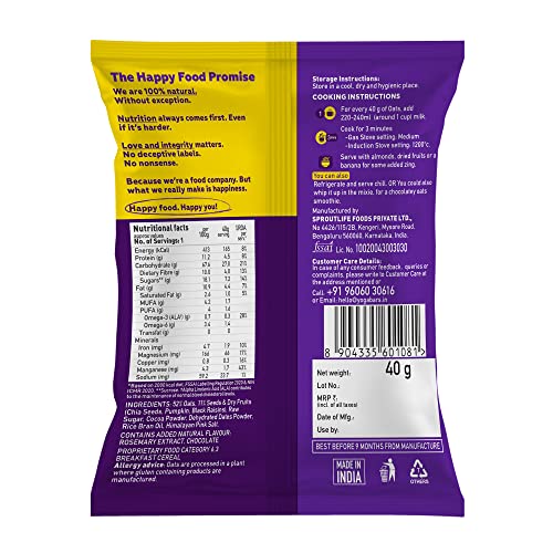 Image of Yogabar Dark Chocolate Oats 40g | Wholegrain Oatmeal That Helps Reduce Cholesterol | Healthy Breakfast Cereal High in Protein & Gluten-Free