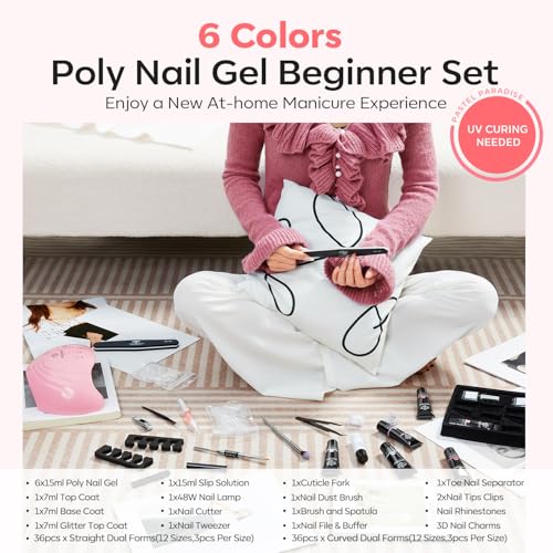 Kit de unhas de gel de extensão de poliéster da Modelones – 6 cores com lâmpada de unha de 48 W U V/