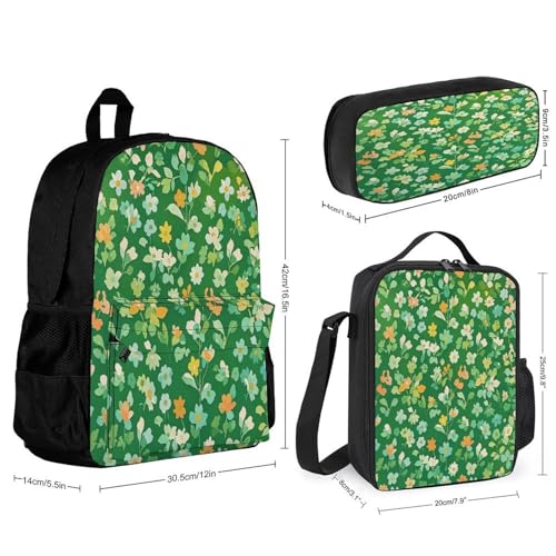 3-in-1 Backpack Combination Set Green Floral Print 3Pcs Backpack Sets Travel Daypack with Lunch Bag And Cosmetic Bag2