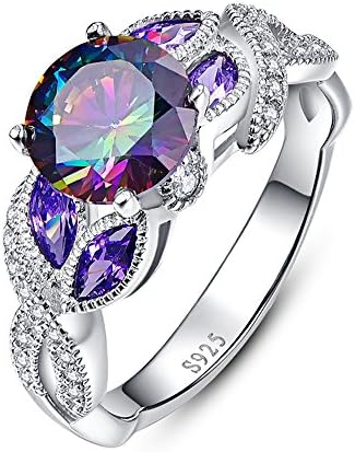 BONLAVIE Women's Round Created Rainbow Topaz & Blue Sapphire Solid Sterling Silver Engagement Rings 7