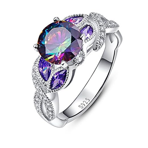BONLAVIE Women's 3.6ct Created Mystic Rainbow Fire Topaz 925 Sterling Silver Engagement Ring Size 7.5