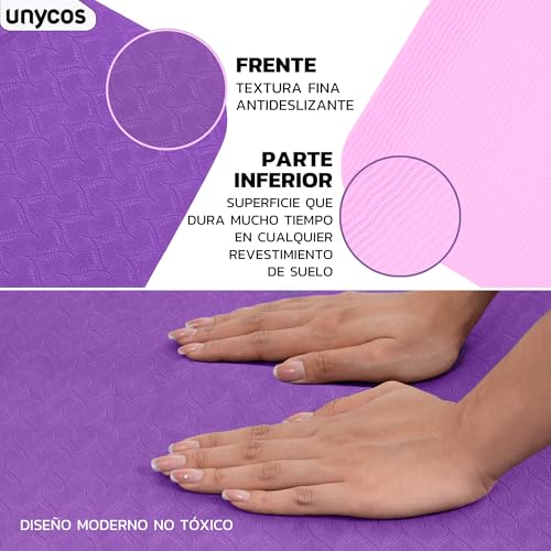 unycos - Esterilla de Yoga, Pilates y Otros Deportes - Colchoneta Antideslizante TPE con Bolsa y Correa para Llevar al Hombro | Ecológica - No Tóxica - 183 x 61 cm (Morado sin Diseño) - imagen 6