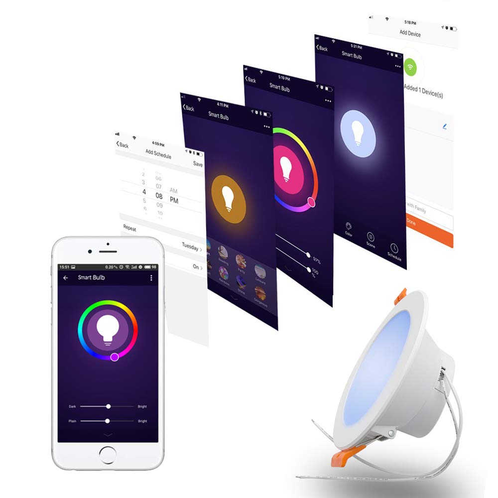 zemismartWiFi RGBCW LED Recessed Light 2.5in 3.5in 4in 6inch 10W 15W Ceiling Light Music Sync Retrofit Light Voice Control Home Automation Multi Colour Party Light