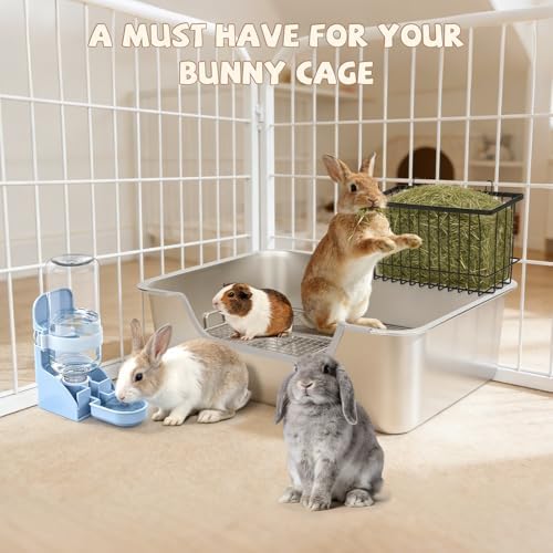 BWOGUE Extra Large Rabbit Litter Pan with High Sides, Stainless Steel Litter Box for Bunny, Metal Rabbit Toilet Tray with Hay Feeder & Water Dispenser for Small Animals, Easy to Clean, Odor Control - 2