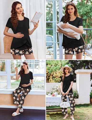 Image of Ekouaer 3 PCS Maternity Nursing Pajamas Set Postpartum Breastfeeding Short Sleeve Shirts, Pregnancy Shorts & Pants Pjs S-XXL