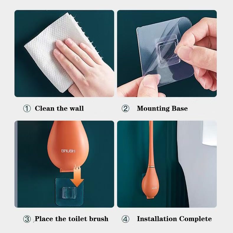 Image of Modern Silicone Toilet Brush，Flat Flexible Brush Holder Set， Wall Mounted with Holder，Household Punch-Free Wall Hanging Long Handle Silicone Toilet Brush (Blue)