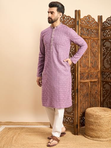 Image of Amazon Brand - Tavasya Men Rayon Geometric Embroidered Mandarin Collar Straight Kurta