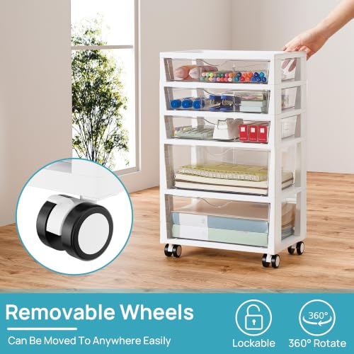 Image of Vtopmart Plastic Drawer Storage Rolling Cart with Wheels, 5-Tier Drawer Organizer for Art Crafts Supplies, Home Office Supplies, Toys, Under Desk Storage for Office, Craft Room, Bedroom, Classroom