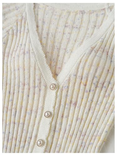 WDIRARA Women's V Neck Button Down Cardigan Sweater Frill Trim Short Sleeve Knitwear3