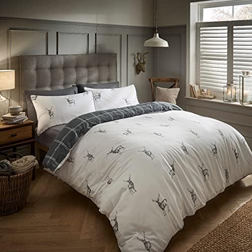 Sleepdown Stag Brushed Cotton Grid Reversible Piped Edged Thermal Warm Cosy Super Soft Duvet Cover Quilt Bedding Set with Pillow Case - Single (135cm x 200cm) - Grey