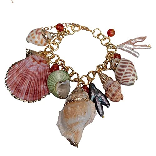 8' Freshwater pearl Multi Sea Shell Pearl Red Agate gold plated Chain Bracelet Summer Beach Jewelry 8'