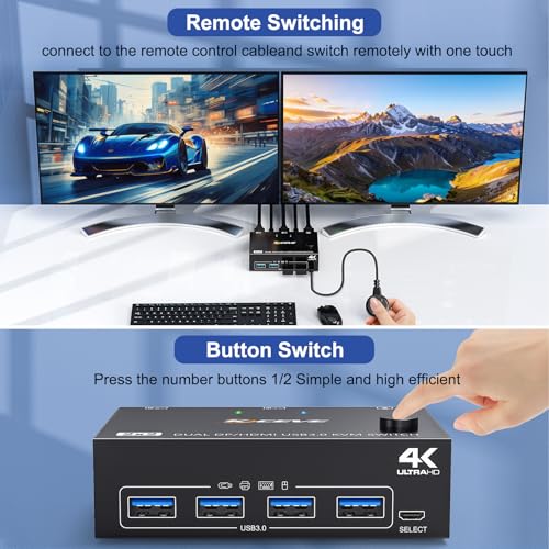 Switch KVM 2 ordinateurs 2 moniteurs 4K 60Hz double écran USB 3.0 - 7