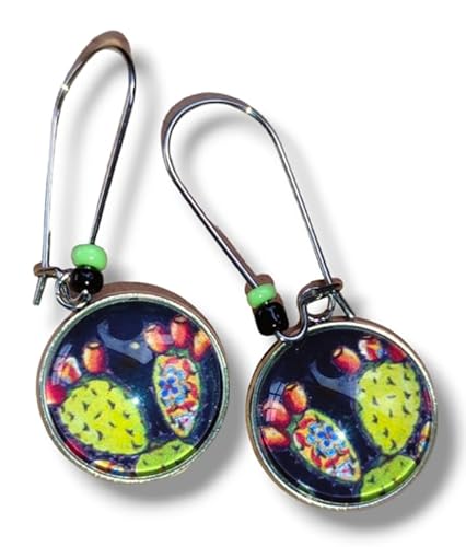 Orecchini Sicily Pendenti Cabochon, Fantasie Siciliane, Fatto a Mano, Gioielli Donna 16 mm (Nero, Cactus 2)