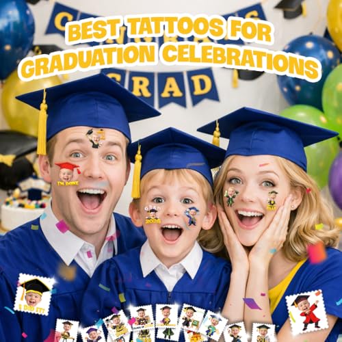 Image of Custom Graduation Temporary Tattoos for Kids, Set of 20 | Personalized Pre-Cut Face Photo, Fun Birthday Party Favors, For Boys Girls, Graduation Day Celebration Gifts