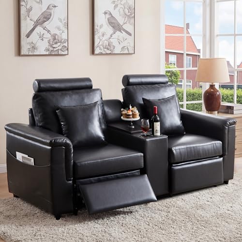 Image of RARZOE Modular Sofa Console Module with Storage, Faux Leather Storage Console with Table &USB Port&Cup Holder, Modular Sectional Sofa Module for Living Room Home Theater,Black