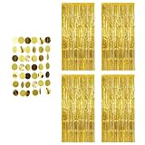 4 Piezas Cortina Metálica Dorada con Flecos Brillante 1x2m para Fiesta Cumpleaños Boda Navidad Decoración Telón de Fondo con，También Incluye1 Guirlanda Papel