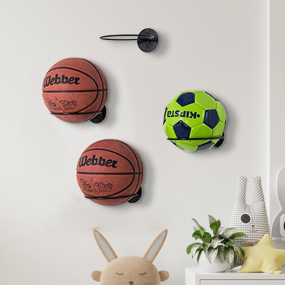 Support Ballon Mural 4 Pièces Rack à Billes Murales en Métal Porte Ballon Mural avec Vis Support Ballon Basket Football Rugby Volleyball (Noir)