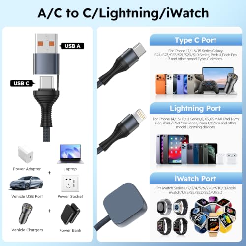 Image of Travel Essentials 3in2 Multi Charging Cable for iPhone Watch Charger,5FT