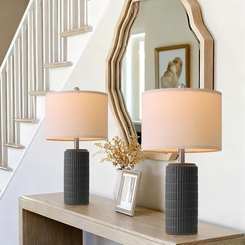 Image of PoKat 23 inch Matte-Textured Ceramic Table Lamps Set of 2 for Bedroom, Stone-Like Modern Bedside Lamps for Night Stands, Farmhouse Nightstand Table Lamps Decor for Living Room End Table Black