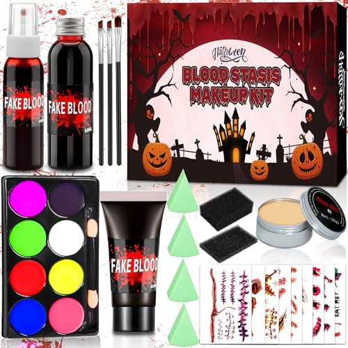 TEBOKHAD Faux Sang Halloween Kit, Kit de Cire de Cicatrice,avec Faux Spray Sanguin,Faux,éponge pour Les Jeux de Rôle et Les Fêtes D'Halloween