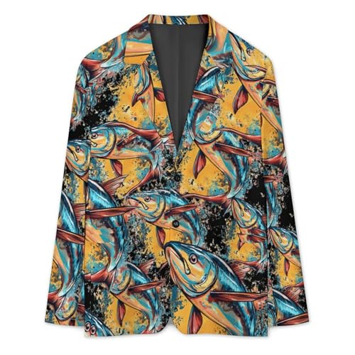 Tuna Fish Watercolor Men's Slim Suit Long-Sleeve Prom Tuxedo Classic Two Button Business Jacket3