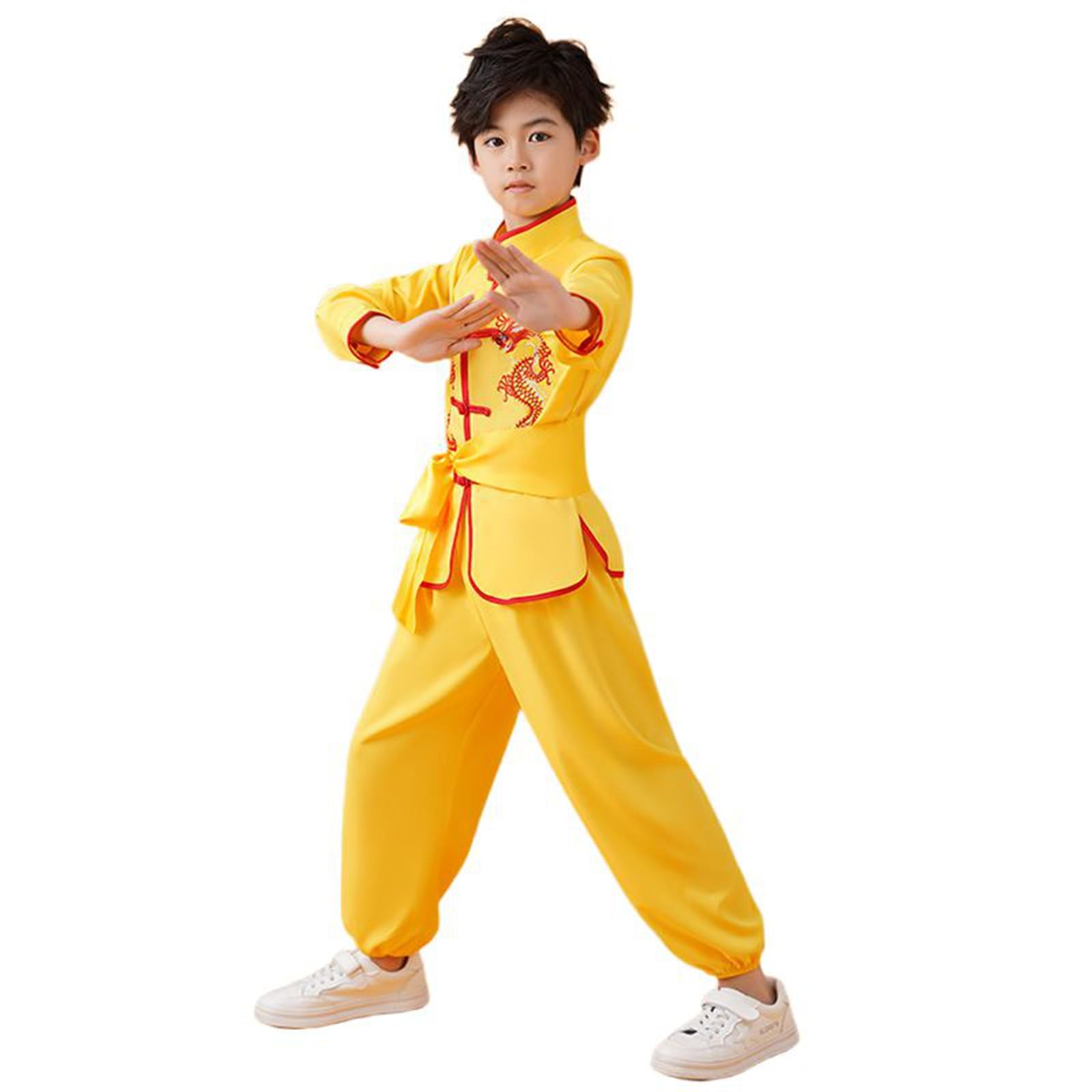 Boys Girls Chinese Suit Training Uniforms Traditional Arts Wing Chun Outfits Halloween Costume Children 86, yellow, 11-12 Years
