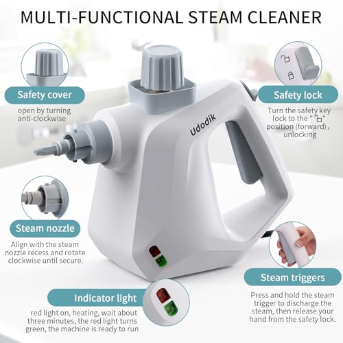 Udodik Handheld Steam Cleaner for home,Steamer for Cleaning,Multipurpose Portable Steam Cleaners Use with Safety Lock and 10 Accessory Kit to Remove Grime,Grease,and More,Save Time (white) - Image 9