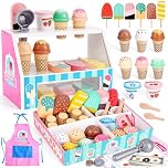 Ice Cream Toy, Wooden Ice Cream Play Set with Aprons, Fake Money, Scoop, Menu, Ice Cream Toys Pretend Play Toys for Girls Boys, Wooden Play Food Set Toy Kitchen Gifts for 3 4 5 6 Year Old Toddlers