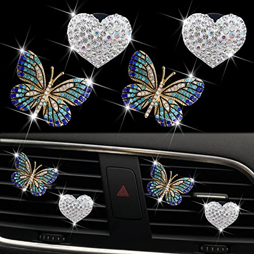 Bling Heart Butterfly Air Freshener Clips, 4 Pcs Car Vent Diffuser, Rhinestone Decoration, Cute Interior Accessories for Women (Blue)