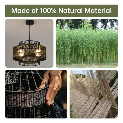 Image of 4-Light Black Boho Rattan Chandelier Light Fixture, 17.7 inch Hand Woven Rustic Chandeliers Farmhouse Chandelier Hanging Light for Dining Room Kitchen Island, Living Room, Foyer