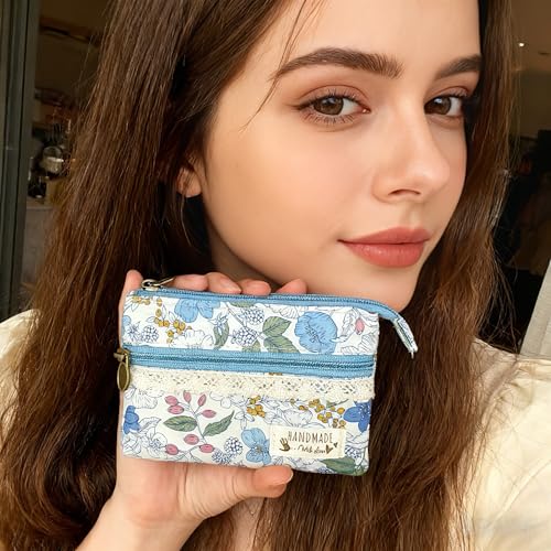 Image of Women Small Zipper Coin Purse, Handmade Fabric Flower Embroidered Change Pouch, Cotton Double Zipper Wallet