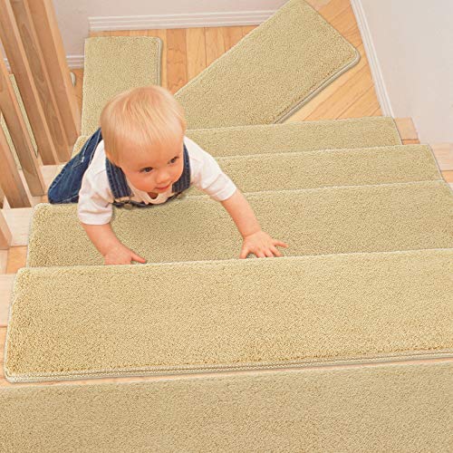 PURE ERA Bullnose Carpet Stair Treads Set of 14 Non-Slip Self Adhesive Ultra Plush Soft Pet Friendly Skid Resistant Tape Free Washable Reusable Khaki 9.5